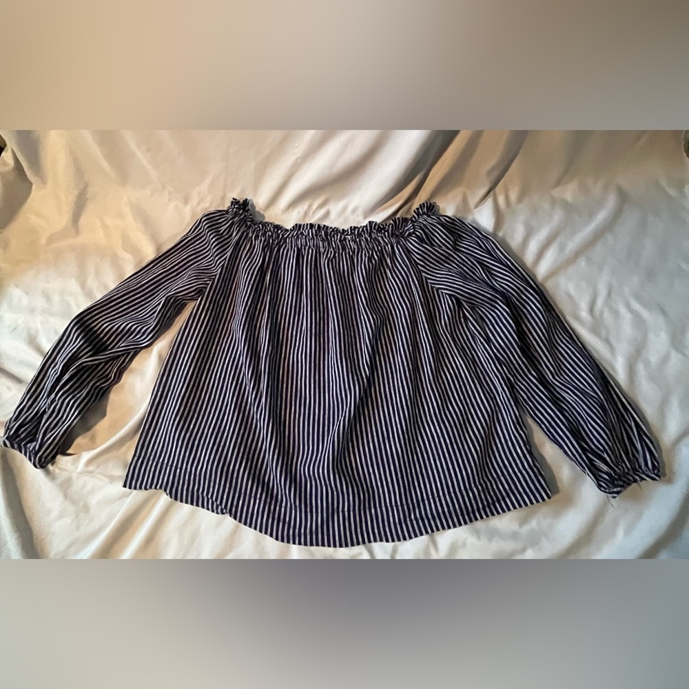 A New Day Navy and White Off-Shoulder Striped Blouse